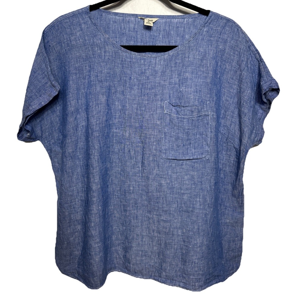 LL Bean 100% Linen Scoop Neck Pocket Top Blue Women's Size‎ Medium
